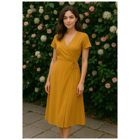 BABATON Aritzia Mustard Yellow Short Sleeve Maxi Wrap Dress Size XXS - Picture 3 of 11